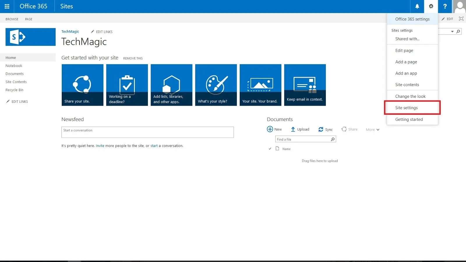 Going to the Site setting of my site