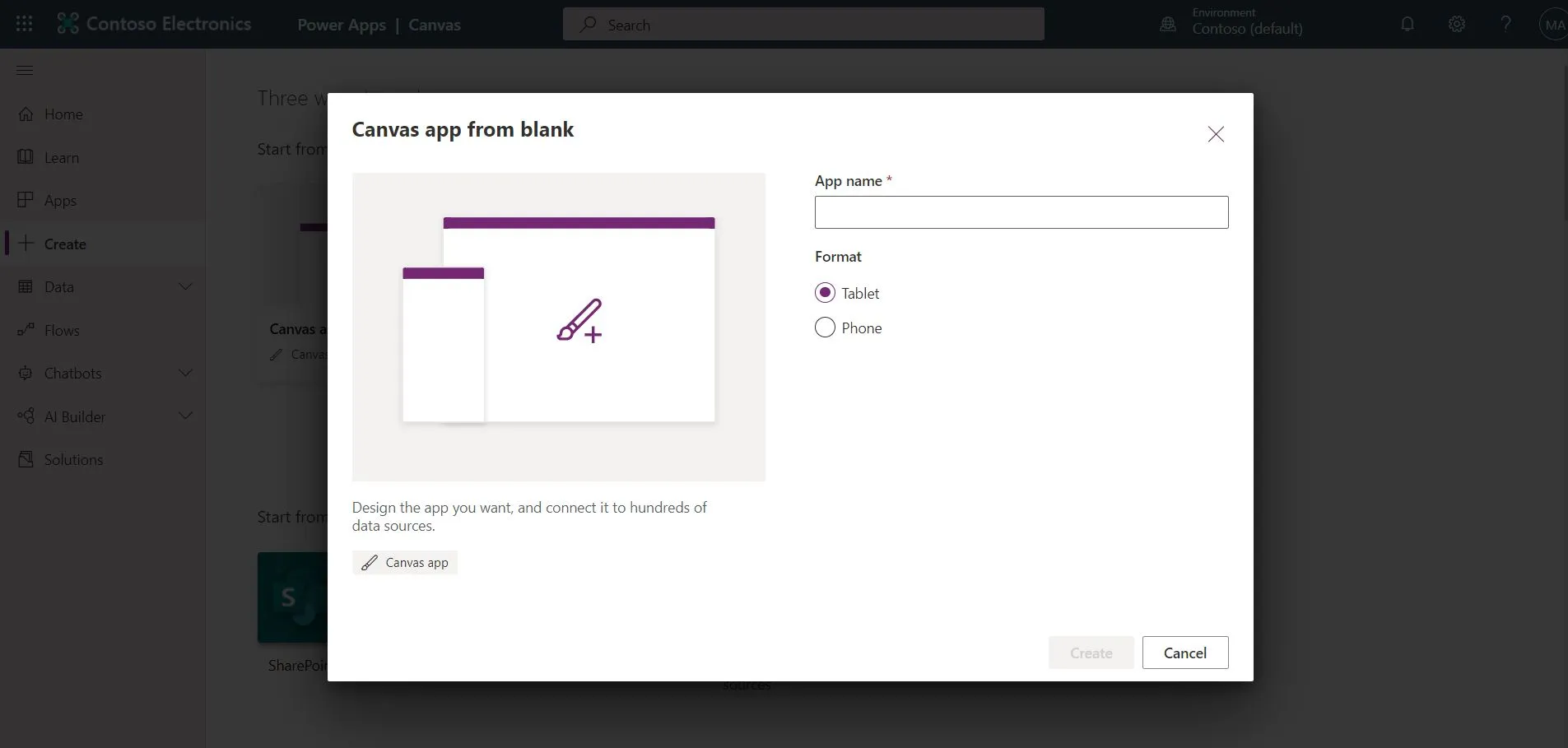 First, let go to https://make.powerapps.com/ then create a new Canvas App
