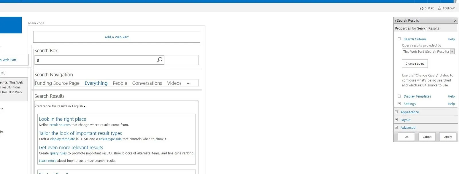 Edit the Properties of the "Search Result"s Webpart