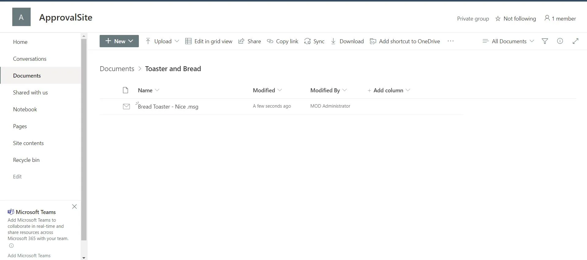 After waiting, the whole email is now uploaded to SharePoint and the appropriate Location we specified.