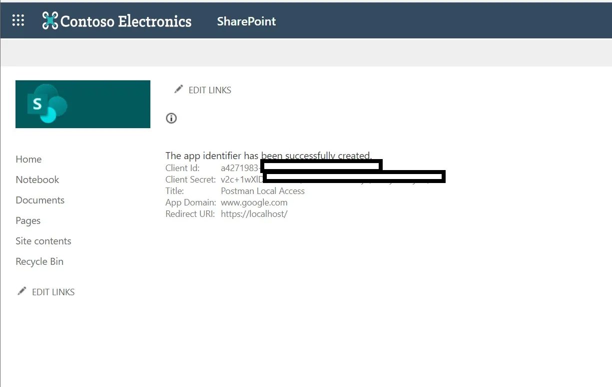 Success message showing that your app is now created(registered)