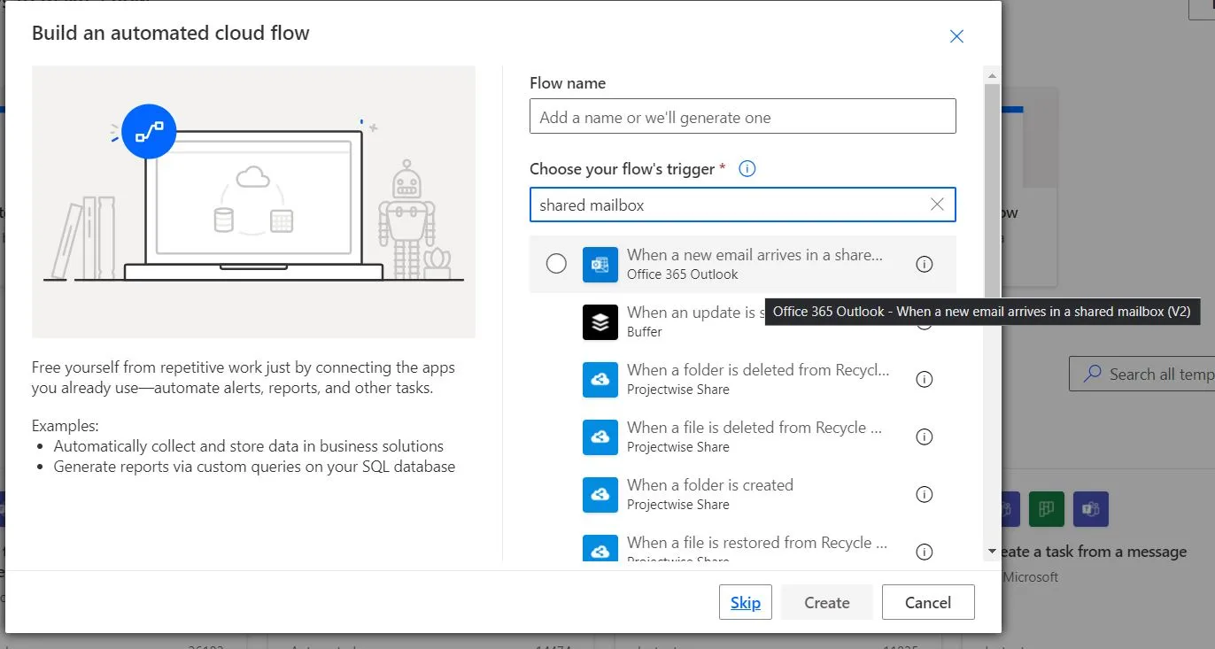 Selecting "When a new email arrives in a shared mailbox(V2)" trigger