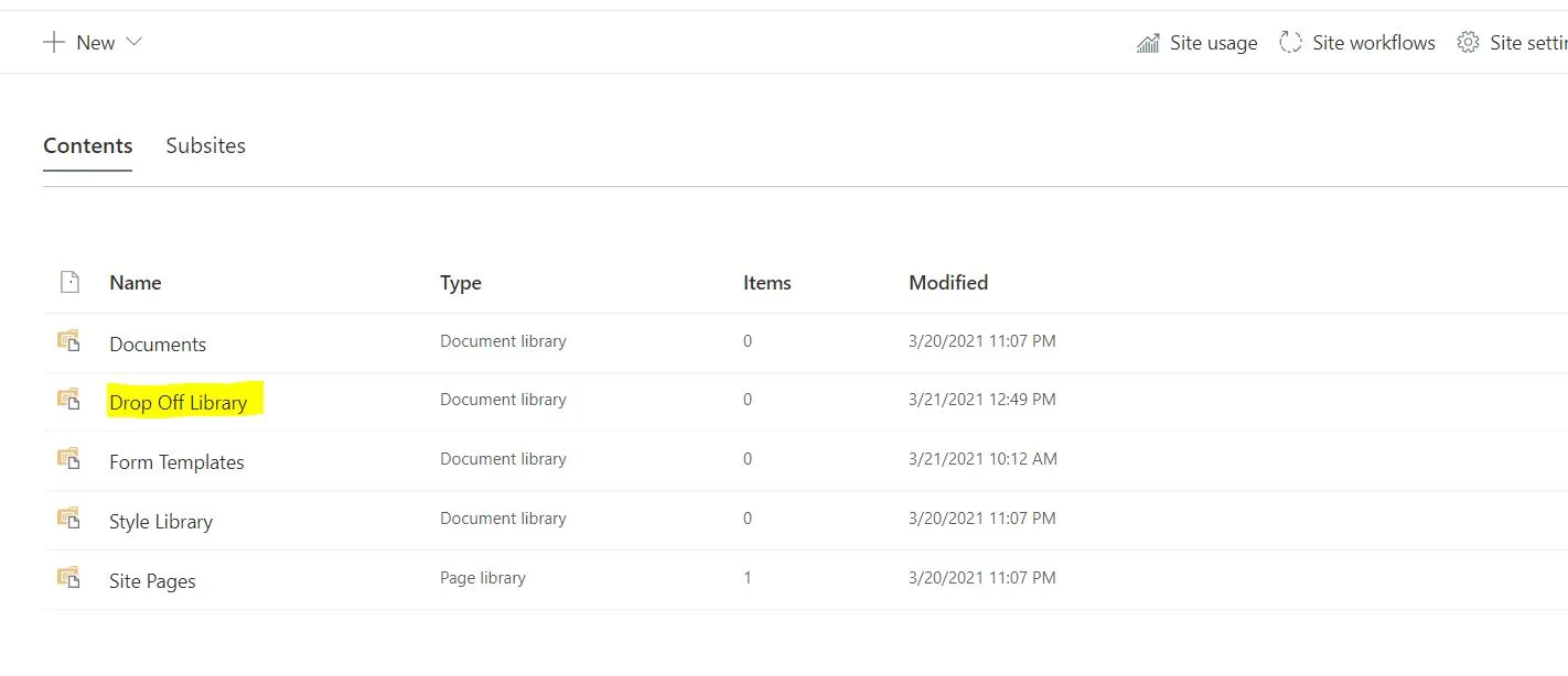 Drop Off Library will be created after activating Content Organizer