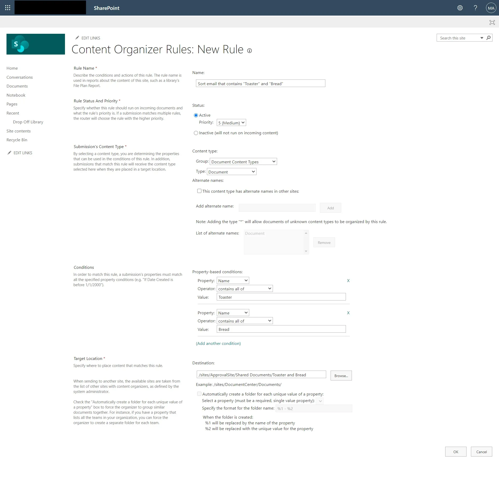 Creating Rules in Content Organizer