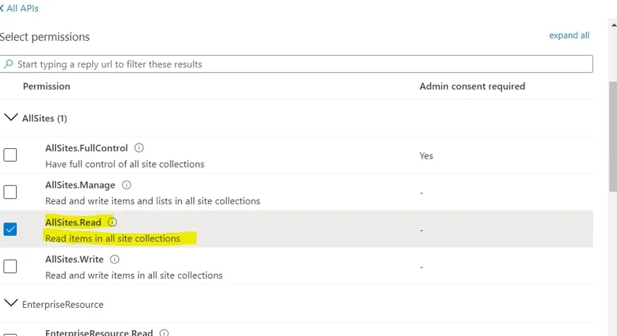 Lets select "Allsites.Read" permission