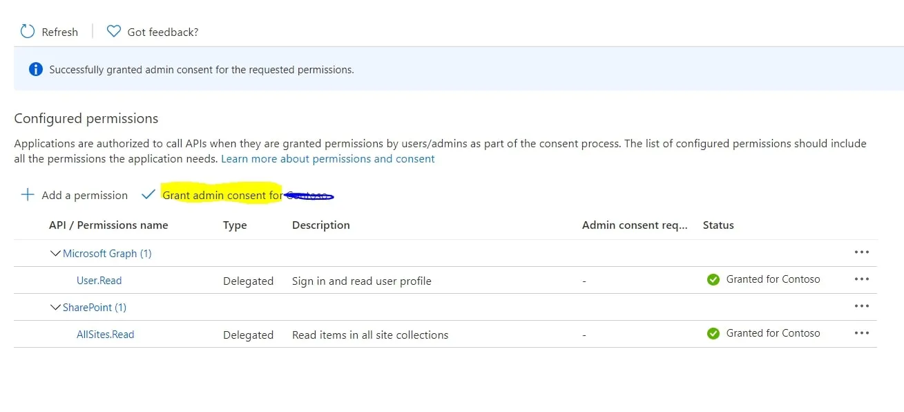 Click on the "Grant Admin consent"