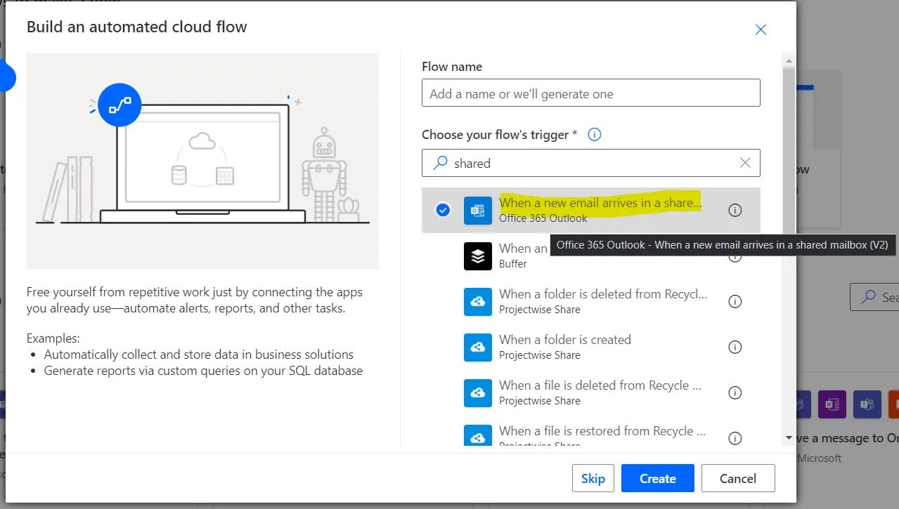 "Office 365 Outlook" trigger in Power Automate