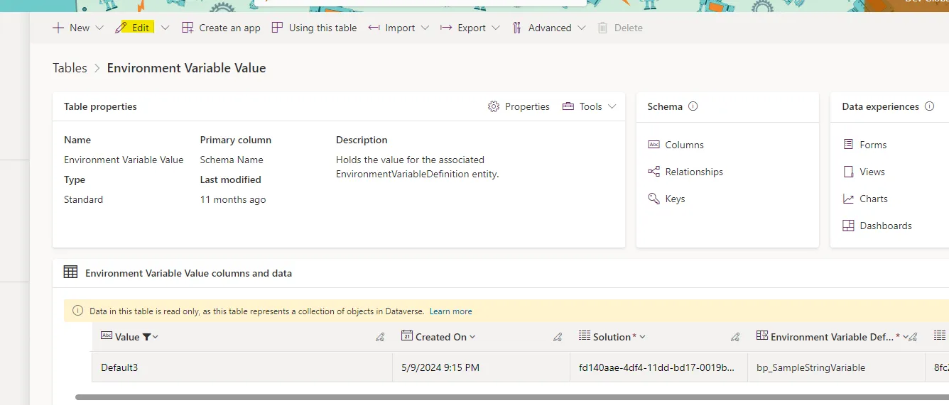 Editing values in the table.