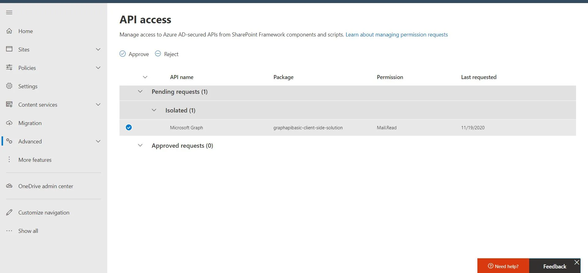 Approve the permission request requested by the webpart