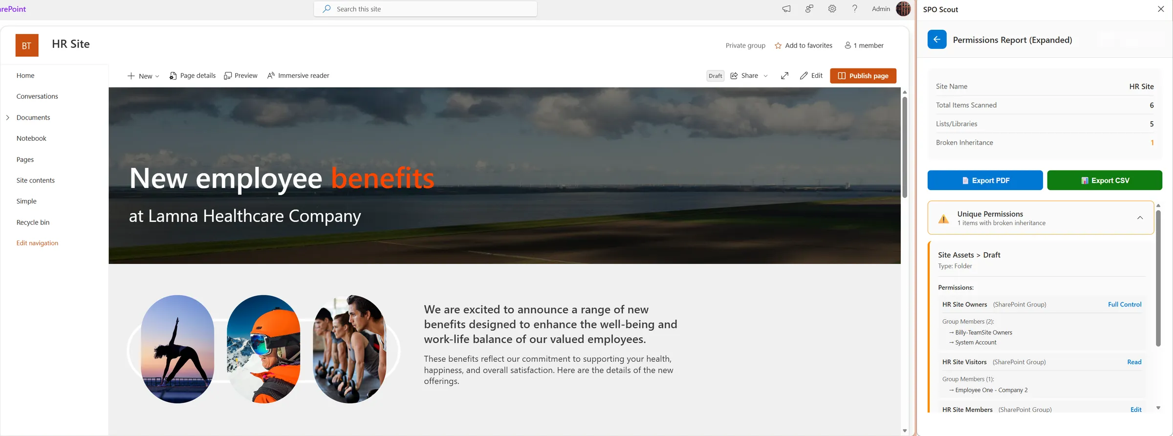SPO Scout SharePoint permissions report showing permission assignments and inheritance, open in the browser side panel beside a SharePoint Online HR site