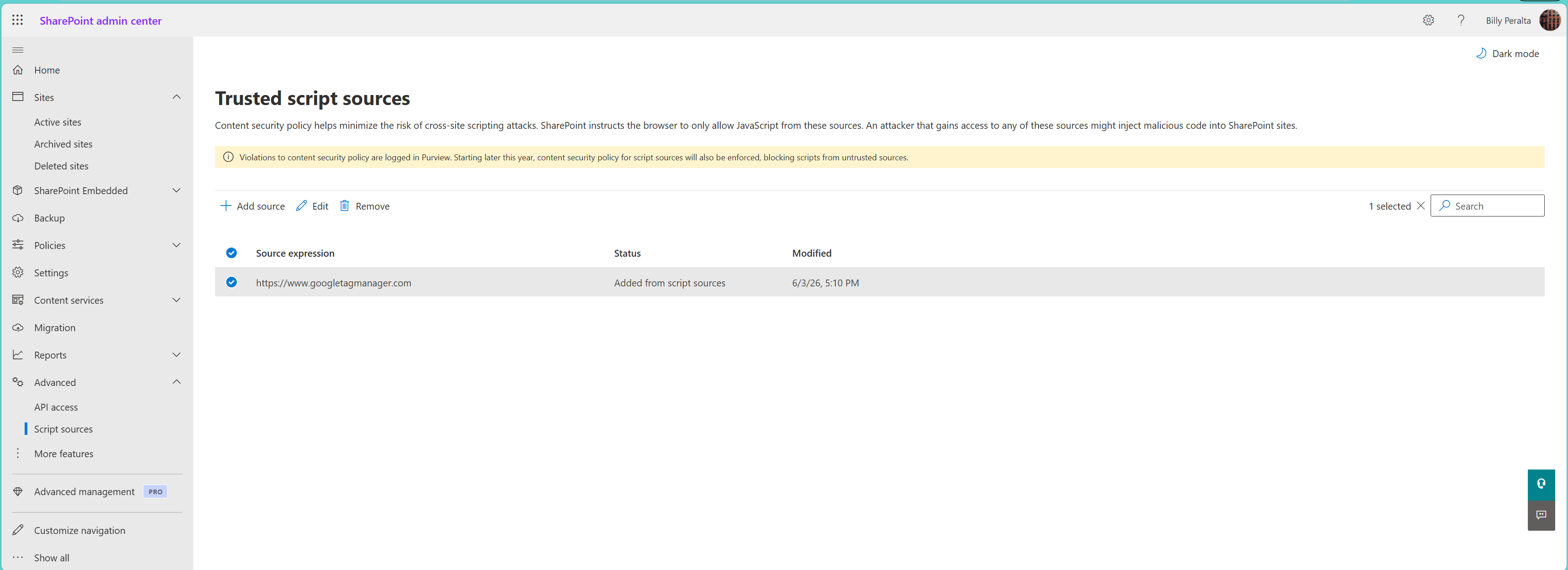 SharePoint admin center Trusted script sources page showing https://www.googletagmanager.com added under Advanced, Script sources