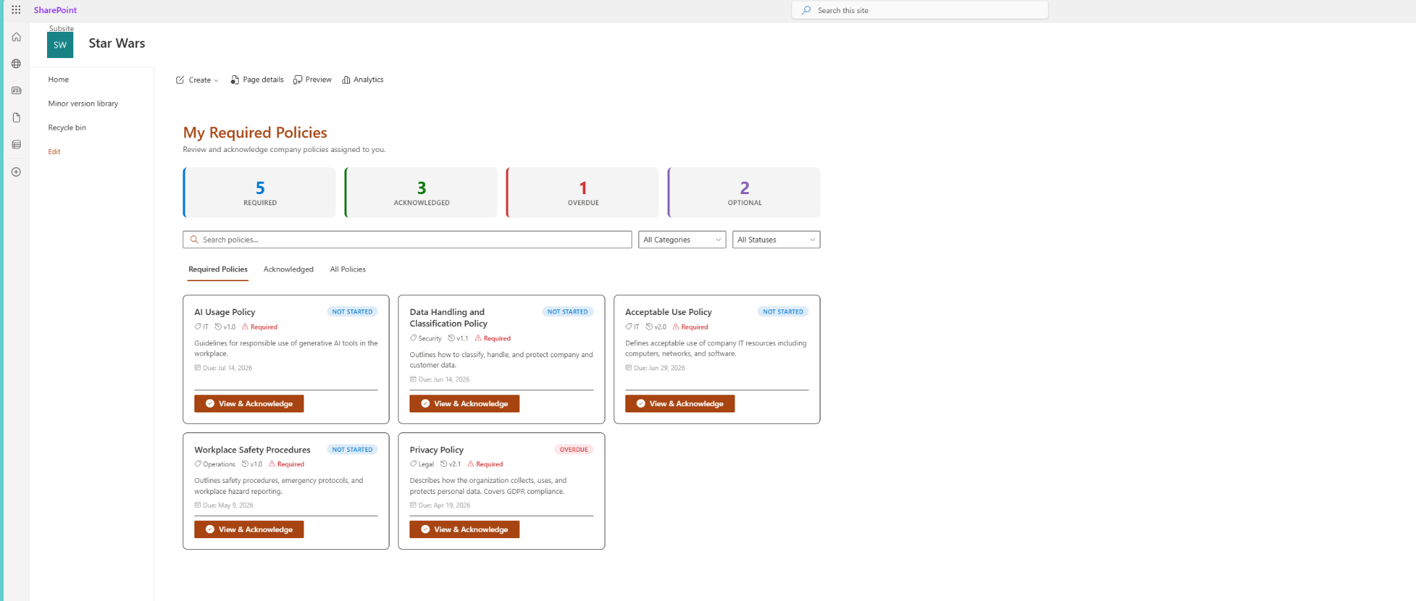 Employee policy acknowledgement dashboard showing required, acknowledged, overdue, and optional policies