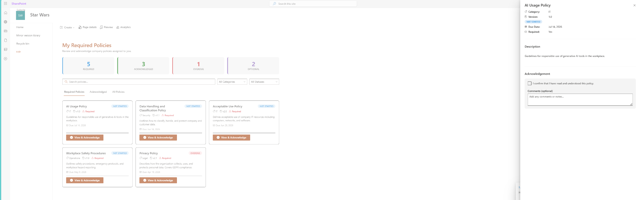 SharePoint policy detail panel with acknowledgement checkbox and comment field