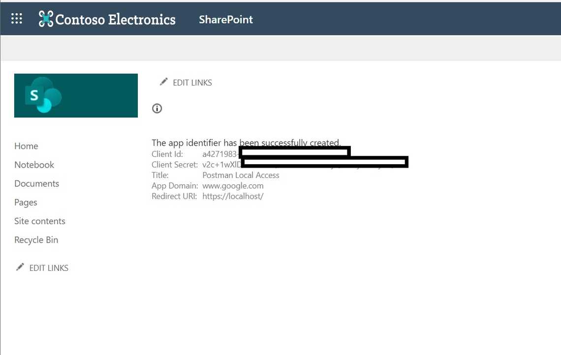 Success message showing that your app is now created(registered)