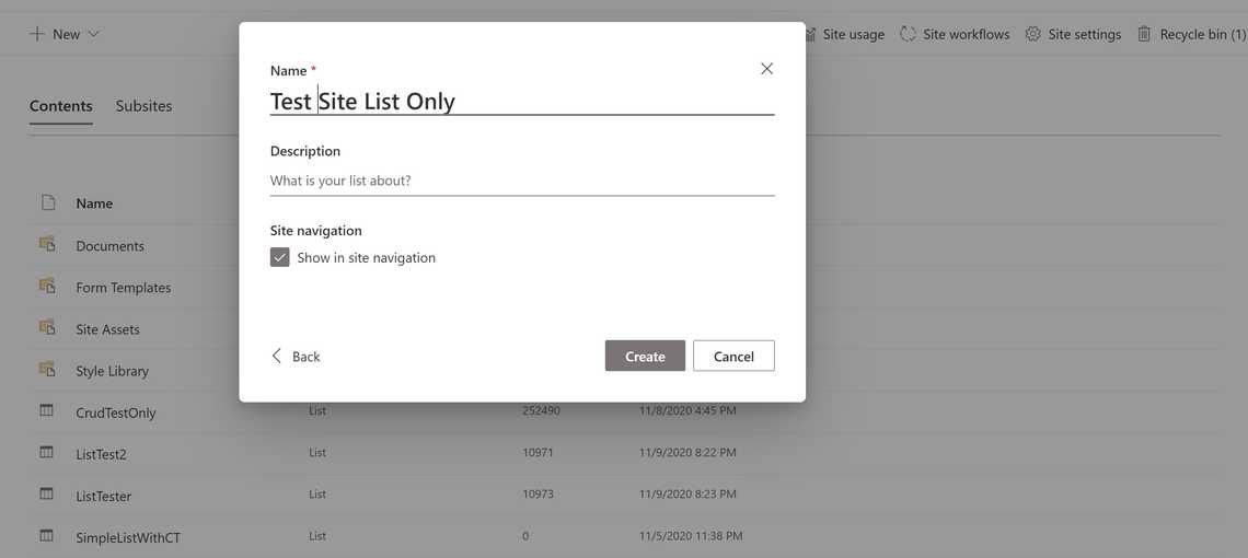 Creating a List named "Test Site List Only"