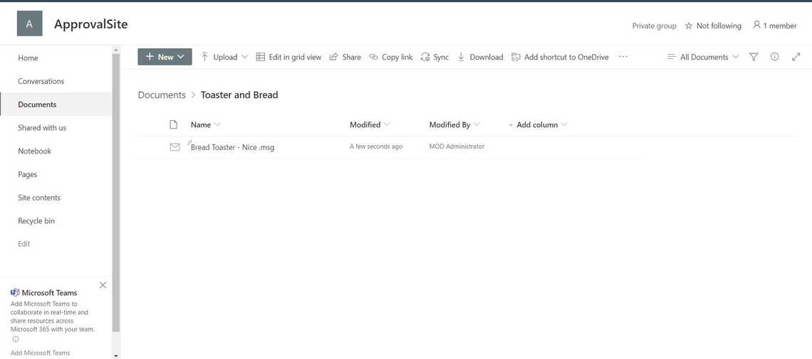 After waiting, the whole email is now uploaded to SharePoint and the appropriate Location we specified.