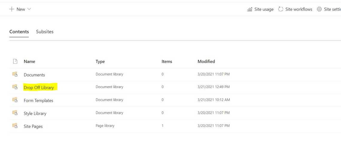 Drop Off Library will be created after activating Content Organizer